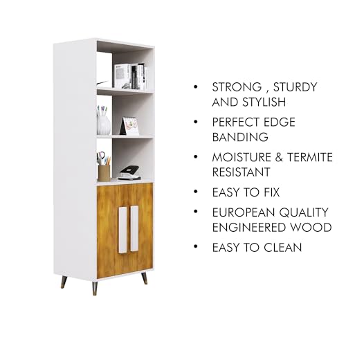 Image of Bniture Book Shelf Wooden | Engineered Wood Bookshelf for Home with 2 Door & 3 Shelf | Multipurpose Open Book Shelf Stand for Library, Study Room & Living Room | Frosty White & Giant Wood