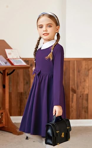 Arshiner Girls Long Sleeve Dress A line Twirly Skater Casual Bow Tie Dress4