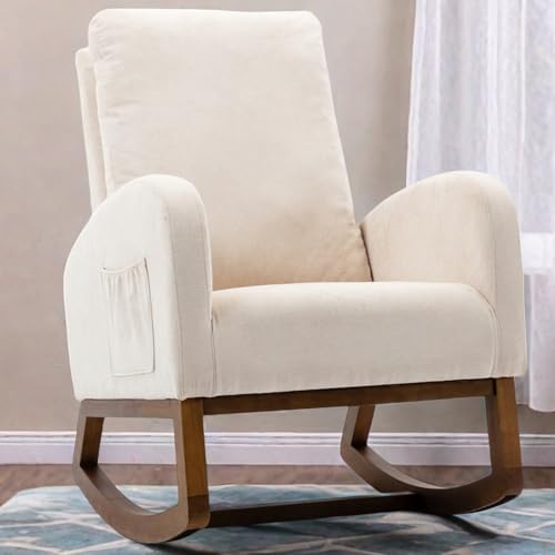 Lazyspace Mecedora, sillón mecedora con bolsillos laterales y respaldo suave, sillón relax acolchado con patines de madera, sillón relax para salón, dormitorio, hasta 136 kg, tejido Toweling Fabric