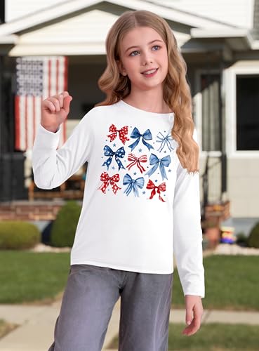 Image of Ithalt 4th of July Outfit Kids Girls American T Shirt USA T-Shirt Fourth of July Tops Patriotic Long Sleeve Tops