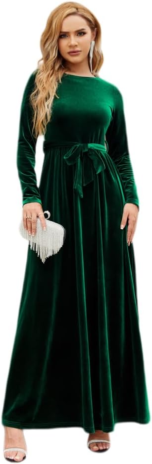 Women's Fall Dresses Long Sleeve Velvet Formal Maxi Dress with Belt Casual Cocktail Wedding Guest Party Long Dress
