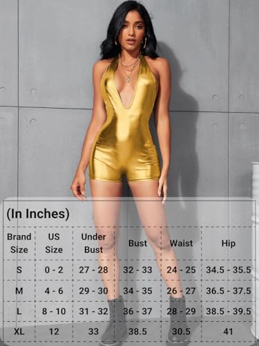 Image of EHSUYAB Sexy Metallic Bodycon Romper, Tie Halter, One Piece Backless Club Outfit