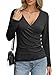 EasyGala Womens Long Sleeve Deep V Neck Tops Wrap Ruched Slim Fit Shirts Button Side Blouse Sexy Going Out Tops Fall Outfits 2025 Black Large
