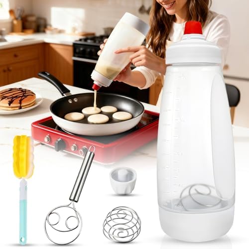 Pancake Batter Dispenser Kit - 4.5-Cup Pancakes Mix Maker with Shaker Ball Stainless Steel Whisk and Brush,Squeeze Bottle for Cupcake,Muffin,Waffle,Crepe