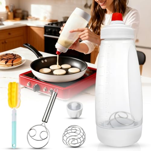 Image of LITALAR Pancake Batter Dispenser Bottle Kit - 4.5-Cup Pancakes Mixer with Shaker Ball Stainless Steel Whisk and Brush,Squeeze Bottles for Cupcake Muffin Waffle Crepe
