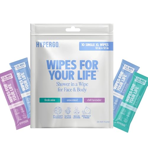HyperGo XL Single Body Wipes for Women & Men 12 x12 Rinse-Free Full Body Cleansing 10 Count Pack - Variety | Biodegradable Hypoallergenic Aloe-Infused | Gym Festival Camping Essentials