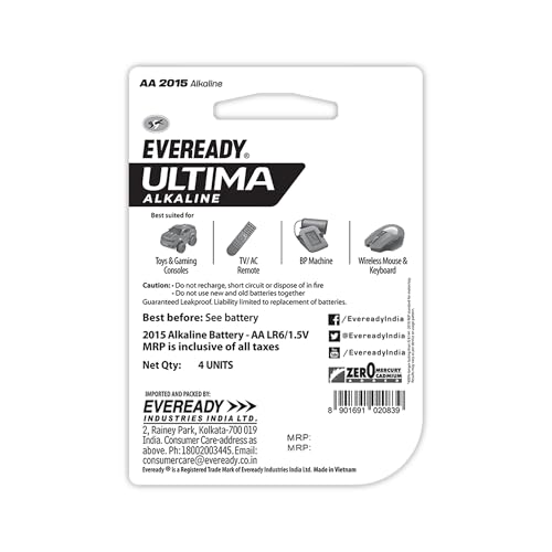 Image of Eveready Ultima Alkaline AA Battery, 400% Longer Lasting, Anti-Leak Turbolock Technology, Eco-Friendly Batteries for High-Drain Devices Household Devices & Toys, Pack of 4 X 5