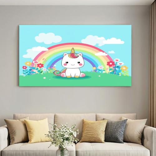 Générique Impression sur Toile Cartoon 40 x 30 cm Cadre en Bois Tableau Affiche Décoration Murale - Bleu Licorne Arc En Ciel Fleurs pour Salon, Chambre, Couloir & Salle de Bain, Déco Maison