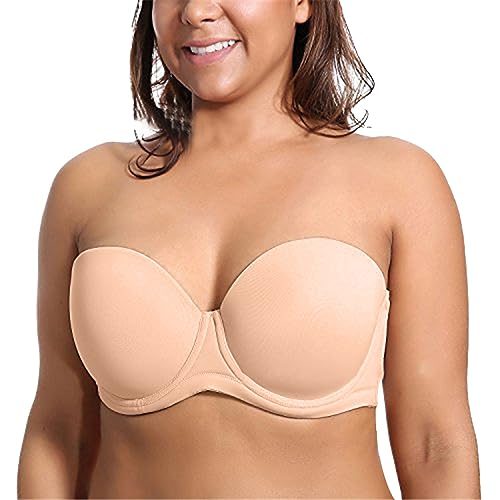 Women's Plus Size Thin Cup Strapless Bra Non Slip Underwear with Removable Straps Label Mark, beige, J