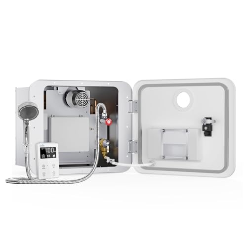 Image of 65,000 BTU RV Tankless Water Heater with 15x18 Door, DC 12V 3.9GPM RV Tankless Hot Water Heater Propane with Dual Water Outlet, Anti-Freezing Protection RV Camper On Demand Hot Water Heater