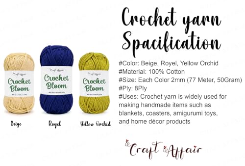 Image of Craft Affair | Crochet Bloom Cotton Yarn 8ply (Each Color 2mm, 77Meter, 50Gram) 100% Pure Cotton | for Knitting Yarn | Craft & DIY Project: Beige, Royel Blue, Yellow Orchid