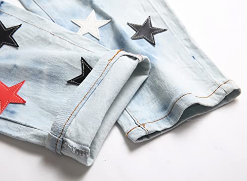 Men's Stylish Printed Jeans Casual Skinny Star Patched Denim Jeans,1920 Light Blue,Size 36 #TOP5