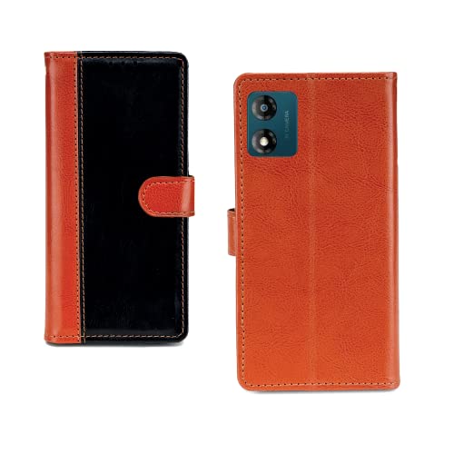 Image of Motorola E13 Flip Case | Leather Finish Flip Cover | with Card Pockets | Flip Cover for Motorola E13 - Camel and Black