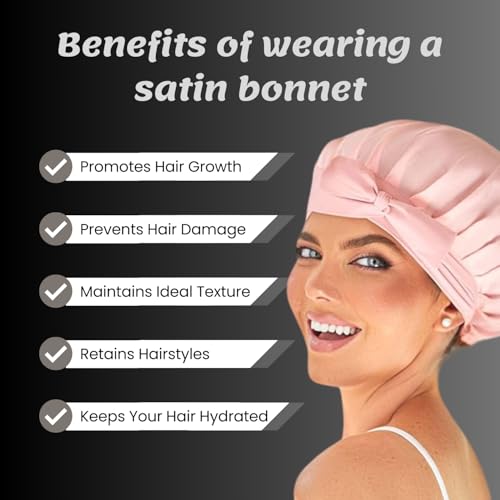 Image of Satin Hair Bonnet for Sleeping | Multi-Use Women and Girls | 3 Scrunchies | 1 Scalp Massager Brush | Anti-Hair-Breakage (Black)