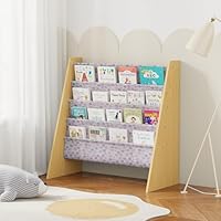 Rainbow Tree 4-Tier Children Sling Book Rack Bookshelf Wooden, Easy-to-Reach Storage for Books, Kids Book Rack Storage Bookshelf with Deep Sleeves, Ideal for Playrooms & Homeschooling