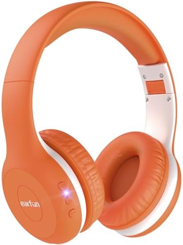 EarFun Bluetooth Kopfhörer Kinder, Lautstärkebegrenzung, Kabel, Orange | 85/94dB sichere Lautstärkemodi, klarer Klang, 45 Std. Akku, bequem, faltbar, verstellbar, HD-Mikrofon, für