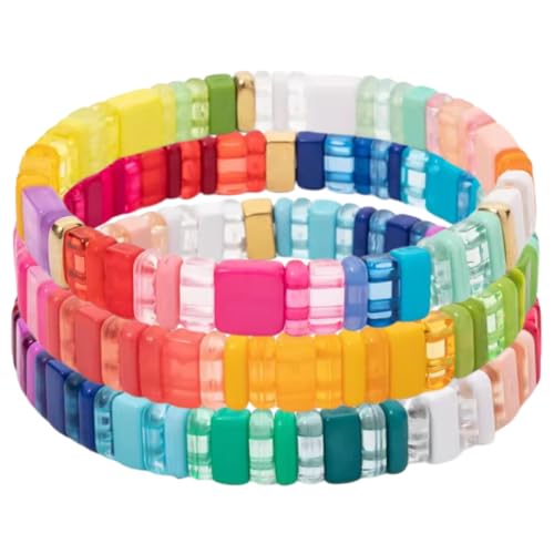 3pc Stretch Bracelet Set - Festive Red White Blue Enamel Tile Bead Bracelet Stack - Trendy Stackable Lightweight Waterproof