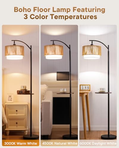Image of PESRAE Rattan Floor Lamp for Living Room, Farmhouse Arc Standing Lamp | Side Table with lamp, 3 Color Temperatures, Rattan & Fabric Lamp Shades, Boho Standing Lamp for Living Room, Bedroom Corner