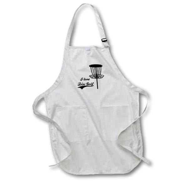 BLACK Full Length Apron with Pockets 22w x 30l - I love Disc Golf with disc golf basket. Black on white background. Stamp City - typography - disc golf