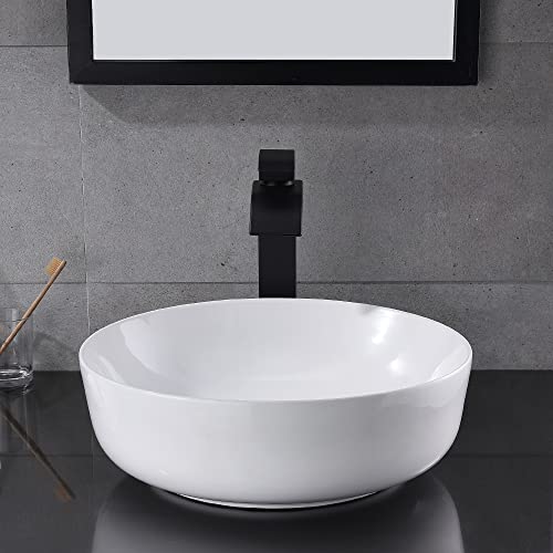 Round White Vessel Sink And Faucet Combo- Wesliv 16"X16" Above Counter White Porcelain Ceramic Vessel Vanity Sink Art Basin With Black Faucet And Pop-Up Drain Combo #TOP3