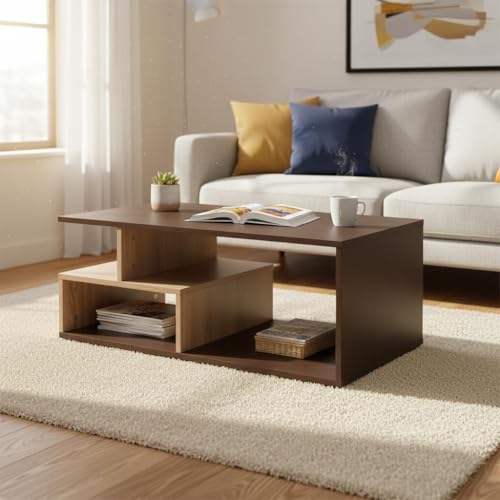 Image of RIZIK STORE Engineered Wood Coffee Table in Walnut Finish | Modern Living Room Center Table with Suede Texture | Sofa & Tea Table | DIY Installation | Warranty Protected (Brown & Cream) (90x50x35cm)