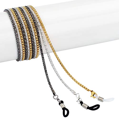 Whaline 3 Pieces Eyeglasses Chain Sunglass Neck Strap Holder With 6 Pcs Adjustable Rubber Ends Connectors (Silver Golden Black) #TOP2