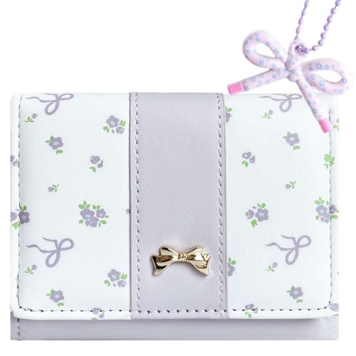 Image of Girls Wallet Cute Bow Coquette Floral Small Kawaii for Women Aesthetic ID Window for Ladies (Purple)