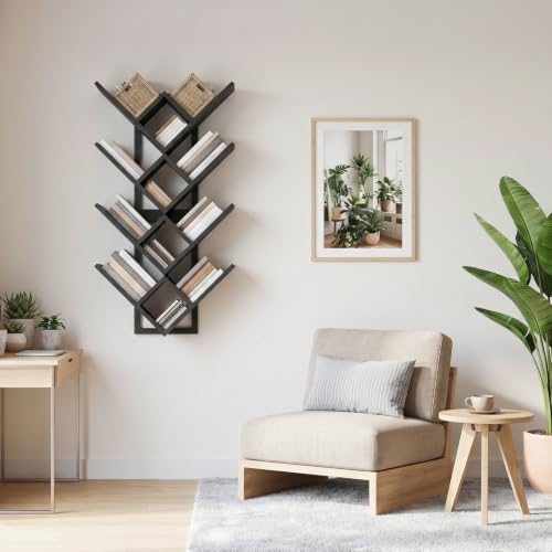 Image of HOOBRO Floating Shelves for Wall, Set of 2 Wall Mounted Shelves, 2-Tier Wooden Tree Bookshelf, Hanging Shelves Storage Rack, for Living Room, Kitchen, Office, Black BB54BJP201