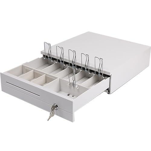 Image of RONTENO Cash Box Metal Cash Register Drawer 3 Coin Money Storage Box Tray With Removable Coin Tray And Key-Lock Cash Drawer For Shop, 1Pc (White Color)