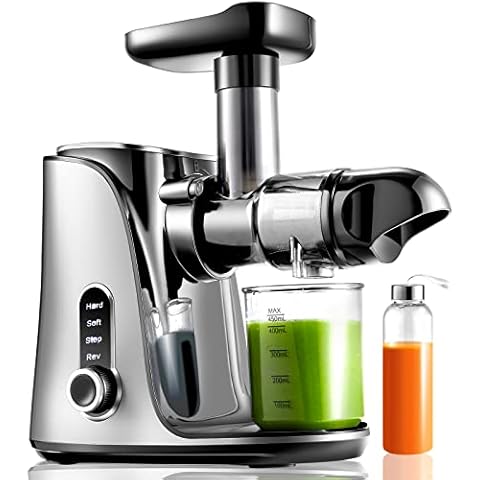 AMZCHEF Entsafter Gemüse und Obst mit 2 Geschwindigkeitsmodi - Entsafter Slow Juicer mit Tragbare Flasche und 2 Tassen - BPA freie Cold Press Juicer mit Intelligente LED und Umkehrfunktion - Silber Cover