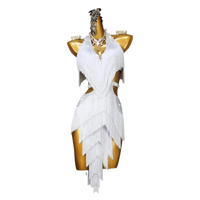 NRBMZYEN Vestido de baile latino, vestido de baile latino, sexy, falda de fiesta para niñas, con flecos, Blanco, XXL