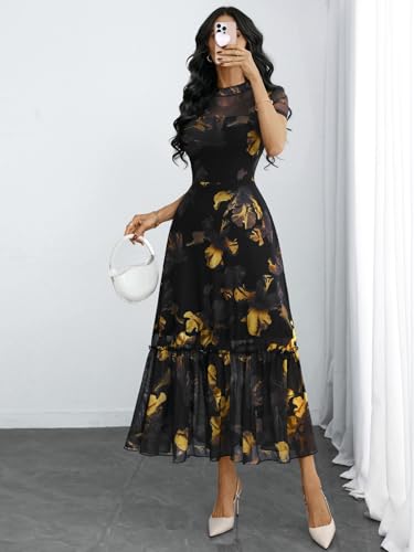 Image of GothDark Women's Summer Floral Mesh Ruffle Dress Short Sleeve Round Neck Waist Cinched Casual Maxi Wedding Guest Dresses