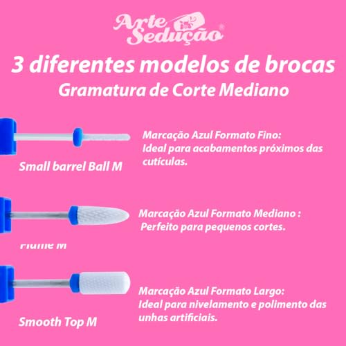 Kit 3 Brocas de Cerâmica Gramatura Média Unhas Gel Fibra