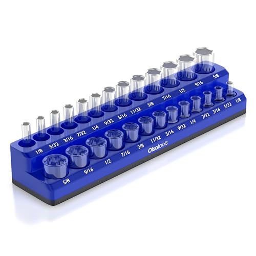 Image of Olsa Tools Magnetic Socket Organizer - 1 /4-Inch Drive SAE Socket Holder with Strong Magnets - Professional Tool Holder and Organizer - Stores up to 26 Sockets - Blue - Part: 1298