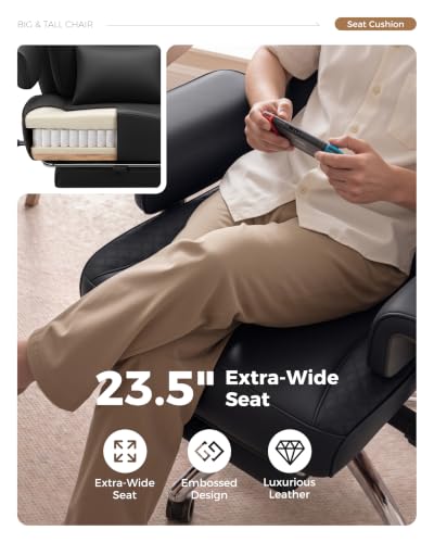 Image of Big and Tall Office Chair, Computer Desk Chair with FootRest, Black | High Back Leather Gaming Chair with Lumbar Support, Heavy Duty Ergonomic Executive Office Chair for Home Office Gaming