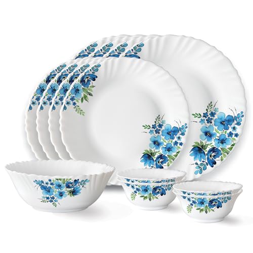Larah by Borosil Pansy Fluted Series Opalware Dinner Set | 13 Pieces for Family of 4 | Microwave & Dishwasher Safe | Bone-Ash Free | Crockery Set for 