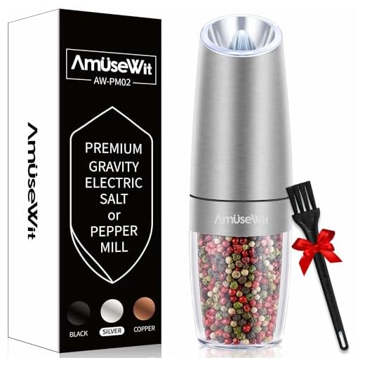 Gravity Electric Pepper Grinder or Salt Grinder Mill - Battery Operated Automatic Pepper Mill with White Light, One Handed Operation, Adjustable Coarseness, Stainless Steel by AmuseWit