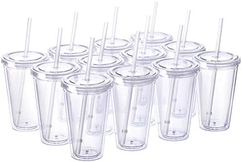 Cupture Classic 12 Insulated Double Wall Tumbler Cup with Lid, Reusable Straw & Hello Name Tags - 16 oz, Bulk Pack (Clear)