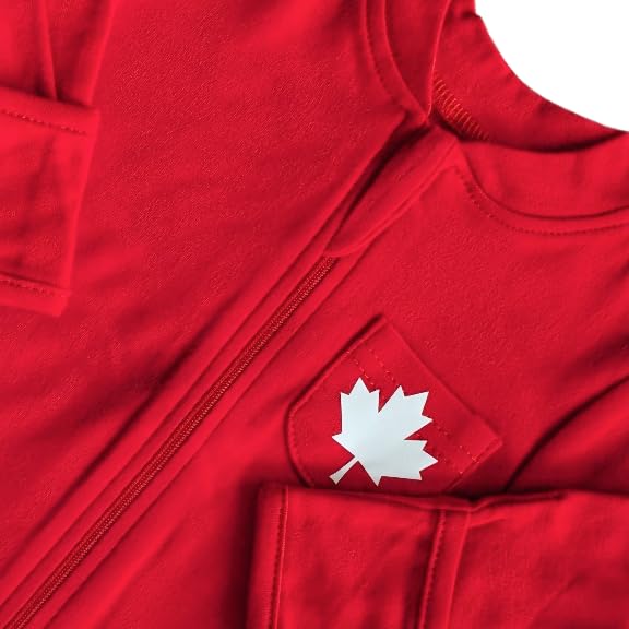 2-Piece Baby Canada Set, Custom Handmade Canada Maple Leaf Long Sleeve Footed Zippered Baby Bodysuit and Hat Set (Bright Red, 3-6 months) - Image 2