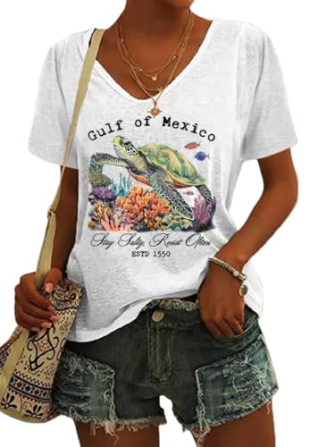 Beopjesk Womens Gulf of Mexico Printed V-Neck T-Shirt Summer Casual Funny Turtles Graphic Tees Tops (25-727-White,XL)