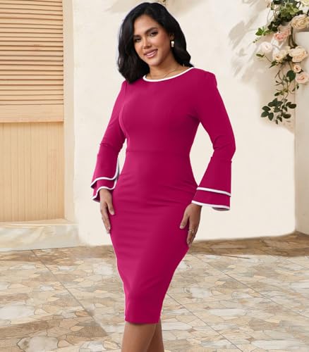 Image of Church Dress for Women Flared Sleeve Midi Pencil Dress Elegant Teacher Office Business Wear to Work Dresses