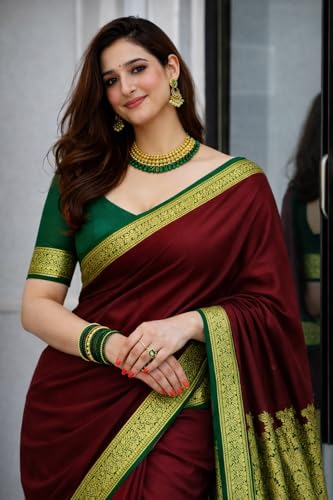 Image of Women's Glory Banarasi Satin Silk Saree with Rich Zari Woven Border & Pallu | Soft Glossy Party Fancy Traditional Saree for Wedding, Festive, Function | Blouse Piece Included