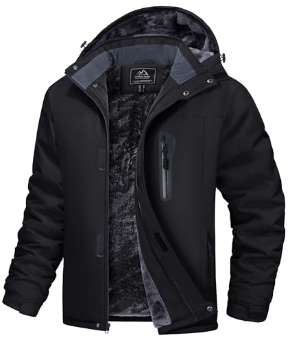 MAGCOMSEN - Abrigos de invierno para hombre, chaqueta impermeable para esquiar y nieve, con capucha, forro polar cálido, parka, impermeable para senderismo y trabajo, Negro, Grande