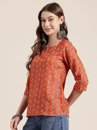 Image of Pinkmint Women's Printed Cotton Blend Short Kurti with 3 /4th Sleeve & Notch Neck l Casual & Office Wear Tunic Shirt Kurti