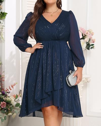 Image of Talisea Plus Size Cocktail Dress - Formal Wedding Guest Fall Long Sleeve A Line Pleated V Neck Midi Dresses for Curvy Women