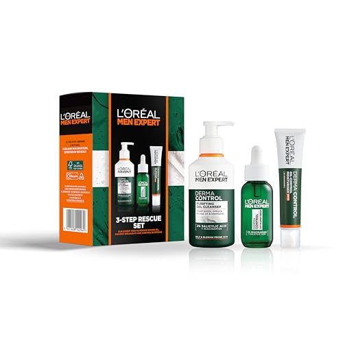 LOréal Men Expert 3-Step Rescue Set Deep Cleansing Skin Care For Men Targets Imperfections and Unclogs Pores Gift Set for Him with Face Wash Scrub and Moisturiser