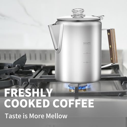 Image of Coffee Percolator with 100pcs Coffee Filters - 9 Cups | Durable Stainless Steel Material Camping Coffee Pot| Brew Coffee On Fire, Grill or Stovetop | Ideal for Home, Camping