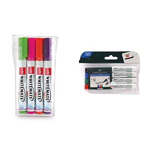 Image of Cello Whitemate Vivid Whiteboard Marker (4 Vivid Ink Colors - Orange, Magenta, Violet, Lime) | Stati & Faber-Castell Whiteboard Marker - Pack Of 4 (Assorted)