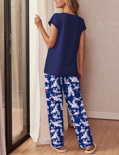 Image of Ekouaer Womens Pajama Sets 2 Pcs Short Sleeve Lounge Set with Pockets | Sleep Top with Pocket and Long Pants Comfy Pjs, suitable for Daily life, Yoga, work, home, sleeping and travel