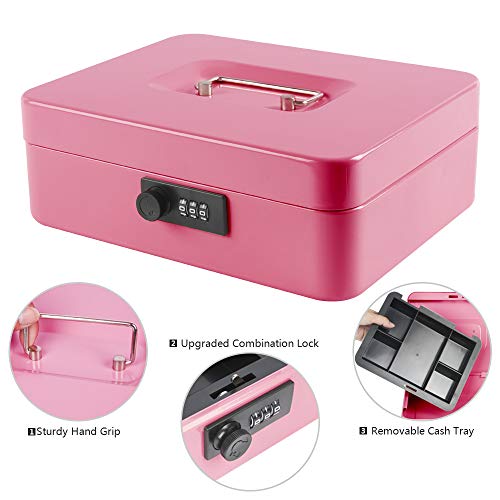 Image of Kyodoled Large Cash Box with Combination Lock,Safe Metal Money Box with Money Tray for Security Lock Box 9.84 inchx 7.87 inchx 3.54 inch Pink Large